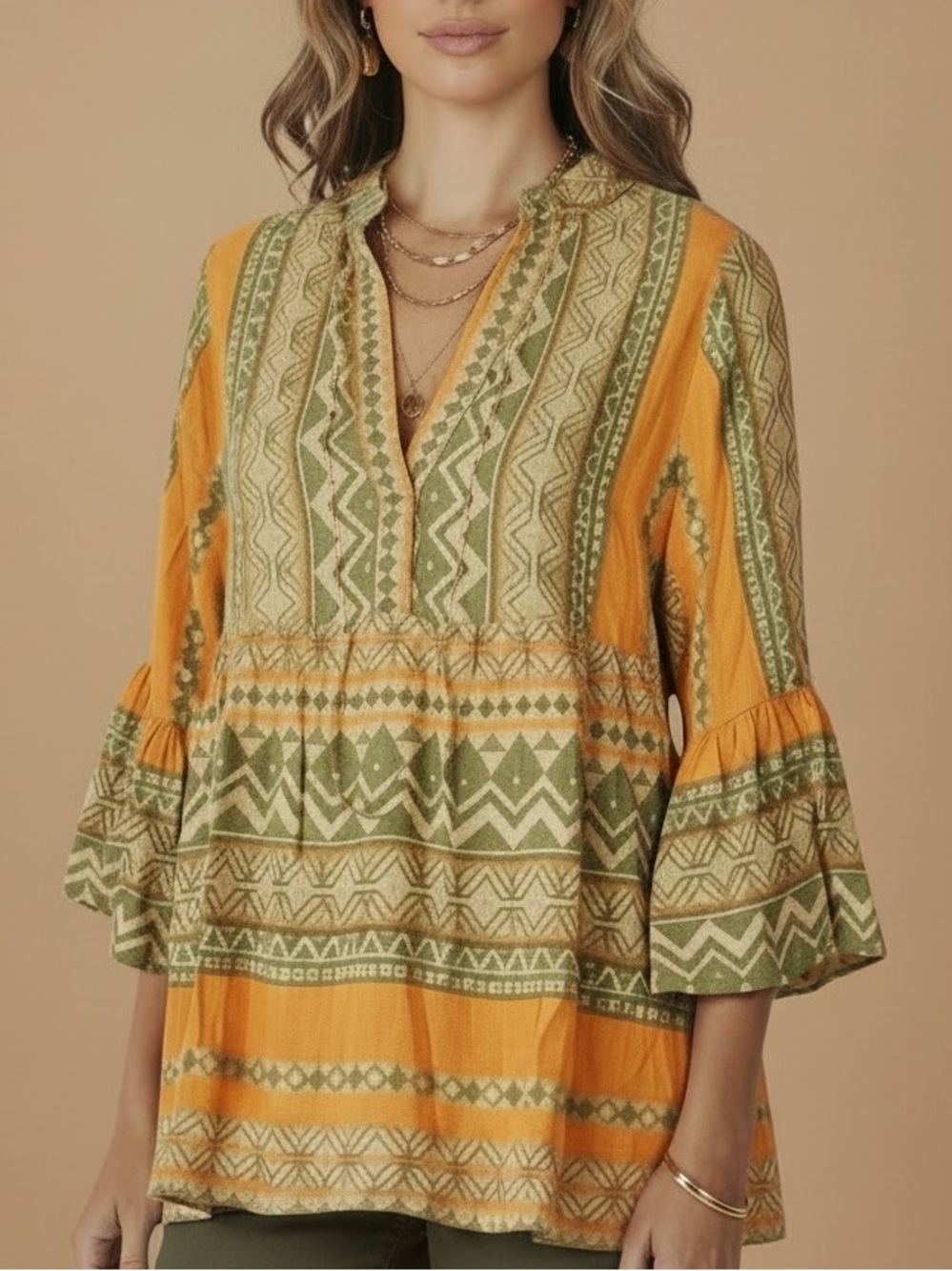NWT EASEL Tribal Print Boho Ruffle Detail V-Neck Babydoll Top Size Small